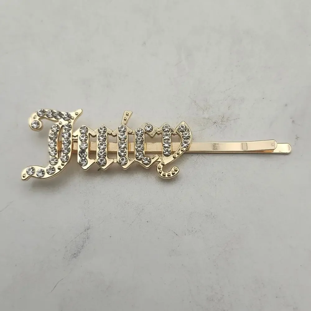 Juicy Rhinestone Hair Clip Gold Tone Gothic Script Barrette Bobby Pin Accessory